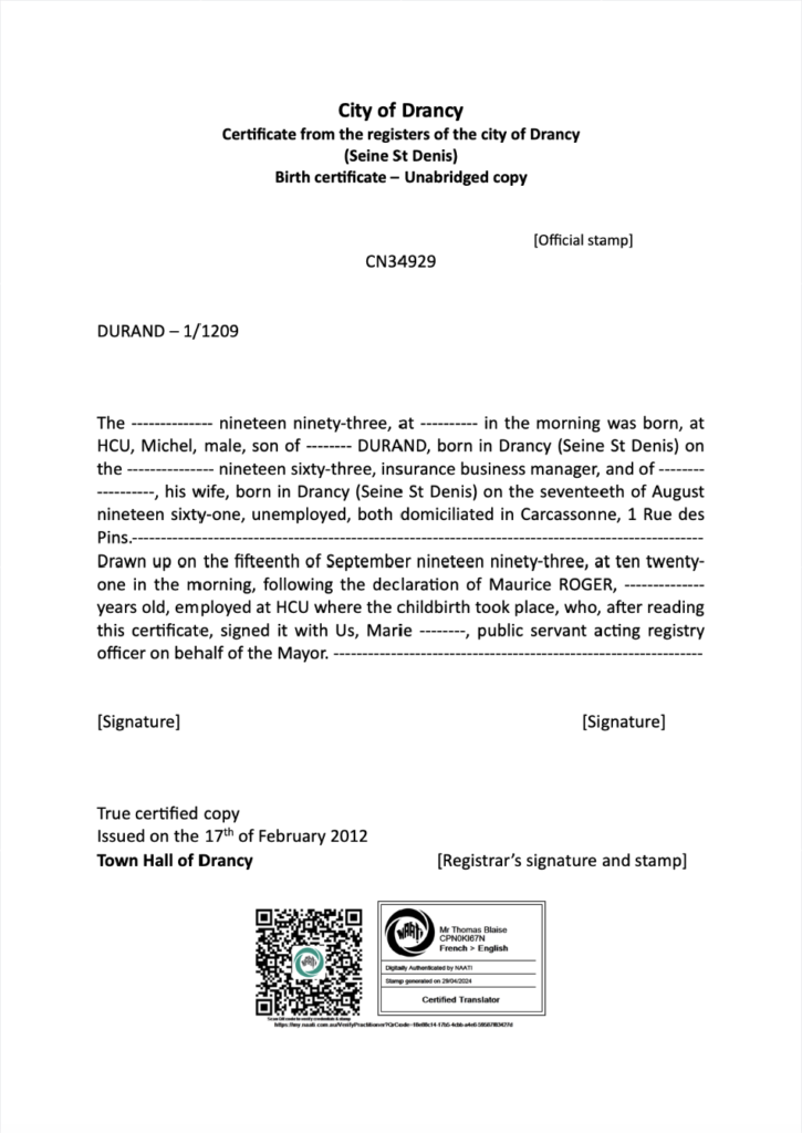 Traduction NAATI acte de naissance